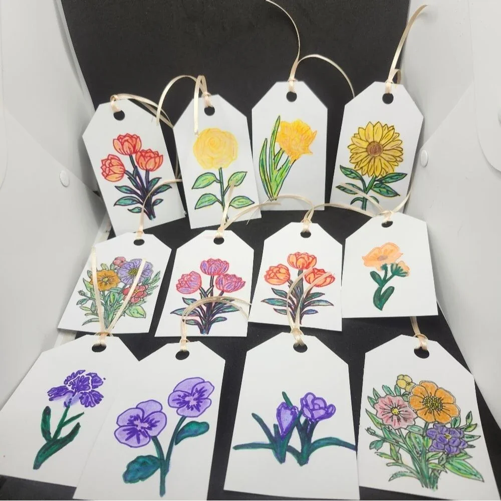 Hand Crafted Floral Colorful Gift Tags Thank You Cards Set of 12